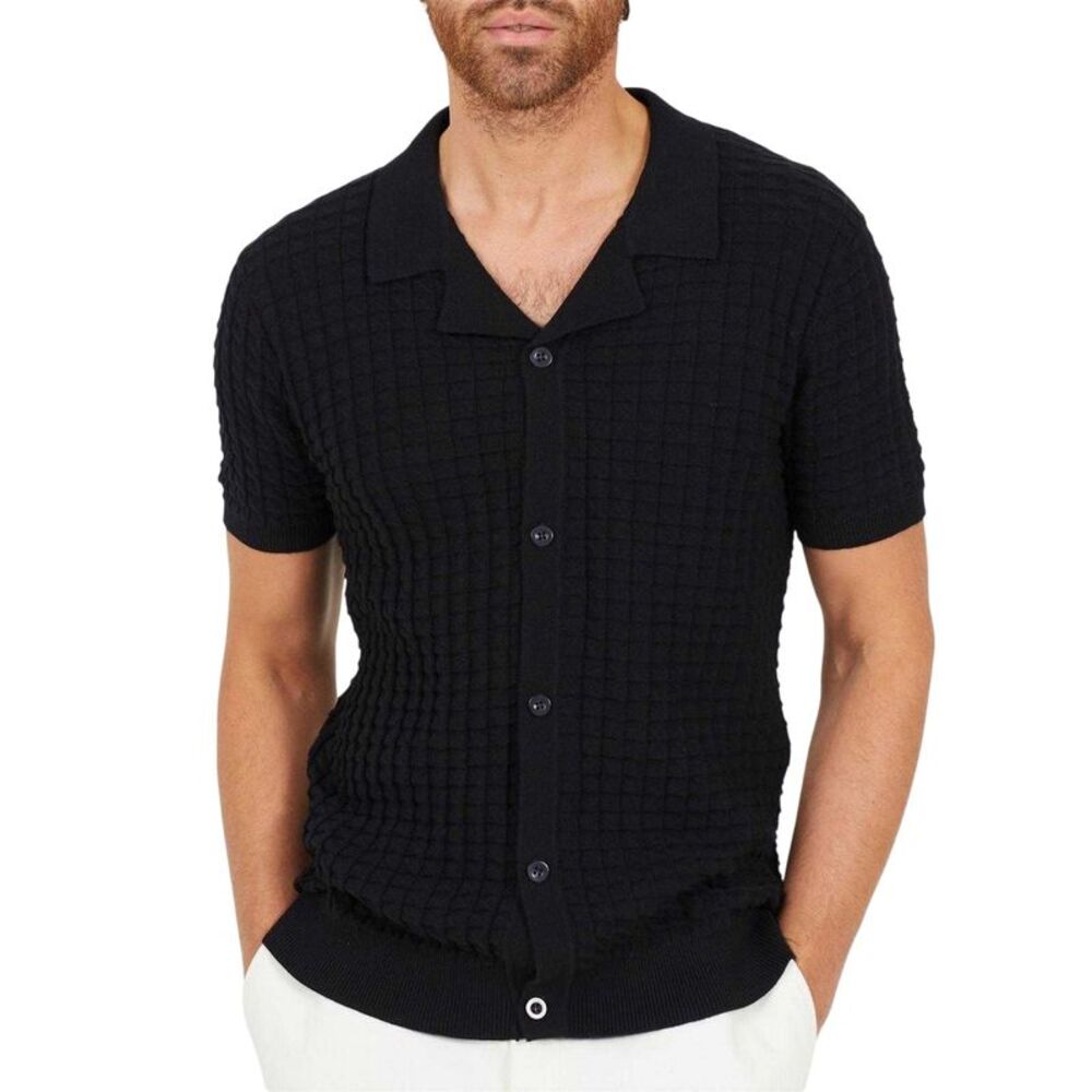 Brave Soul Mens Jacquard Revere Collar Shirt / Jet Black